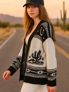 Rodeo Desert Shawl Collar Women's Cardigan with Western Graphic Design Long Sleeve Knitwear Casual Black Winter Tops