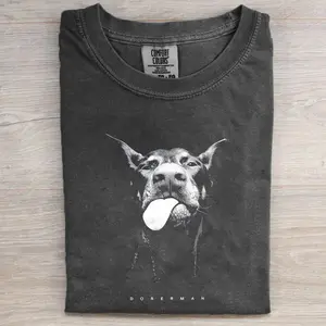 Women's Short-Sleeve Cotton Round Neck Printed T-Shirt - Vintage Doberman Portrait Graphic Tee, Funny Tongue-Out Meme Streetwear Top, Animal Lover Women's Clothes Gift