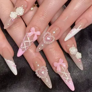 24pcs Transparent Nude Foundation Color Nail Art Set, DIY Nail Art, 3D Camellia Flower Bow Pearl Heart Plaid Decor, Long Almond Pointed Nails