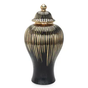 Vase & Fillers, Black with Gold Design Ceramic Decorative Vase fabergeeggs  Traditional Jar Flower Plants Porcelain Removable Ornaments