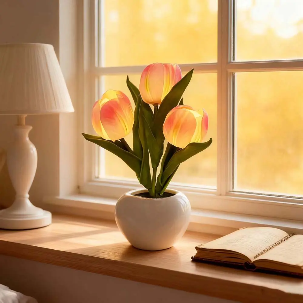 LED Artificial Plastic Tulip Flowers Table Lamp with Vase - Decorative Light Decor, Table Lamps, Indoor Lighting, Glowing Tulip Novelty Lighting, Cozy Living Room Accent, Birthday Party Centerpiece