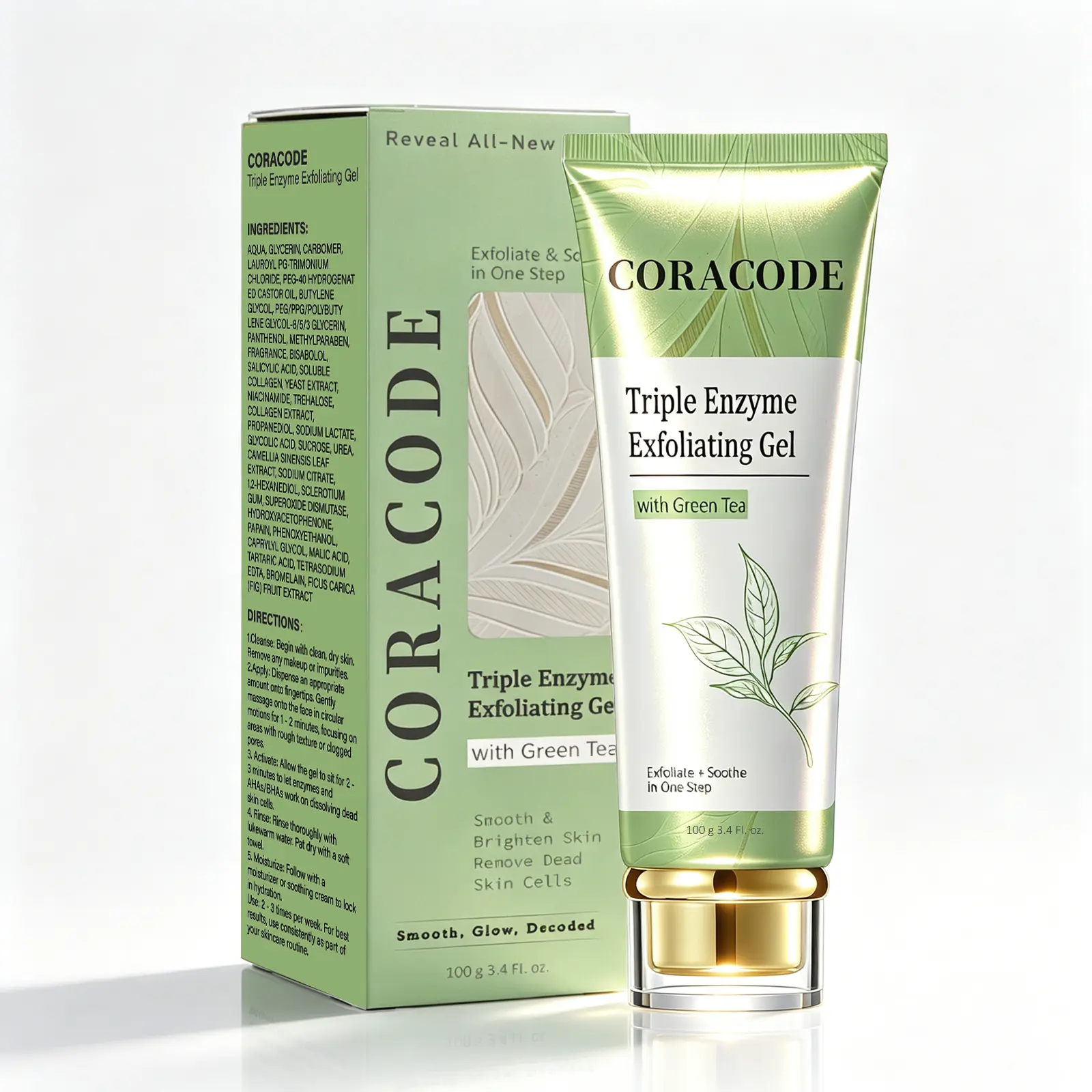CORACODE Triple Enzyme Green Tea Exfoliating Aqua Peeling Gel – Face Exfoliator with Green Tea, Natural Cellulose, AHA/BHA, Hyaluronic Acid, Deep Pore Cleansing, Dead Skin & Oil Removal, Smooth Hydrating Skin Care for All Skin Types, 100ml / 3.4 fl.oz