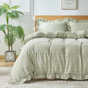 3 Pieces Soft Breathable Microfiber Plaid Comforter Cover with Zipper Closure & 2 Pillow Shams, Ruffle Farmhouse Vintage Decor, Sage Green