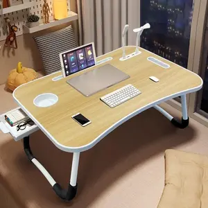 [Christmas gift] Multifunctional Leg Rest Table with Cup Holder Drawer 4 USB Fan Light Portable Foldable Bed Tray for Laptop Breakfast Reading Writing on Sofa Couch Laptop Desk on Bed