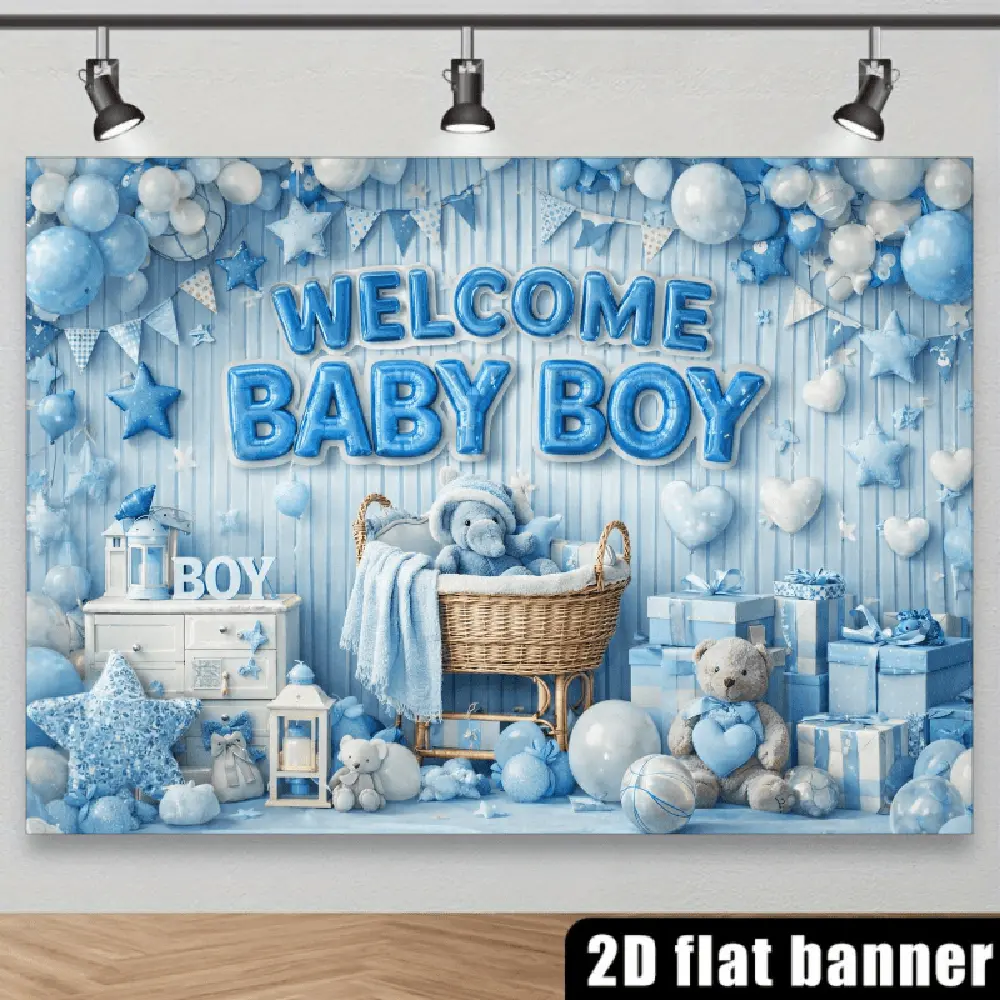 2D Flat Polyester Photoshoot Backdrop - HD Print Blue & White Balloons Stars, Gifts, Teddy Bear Theme - Party Banners, Home Decor for Birthday, Baby Shower Celebration Events, Backdrop Picture