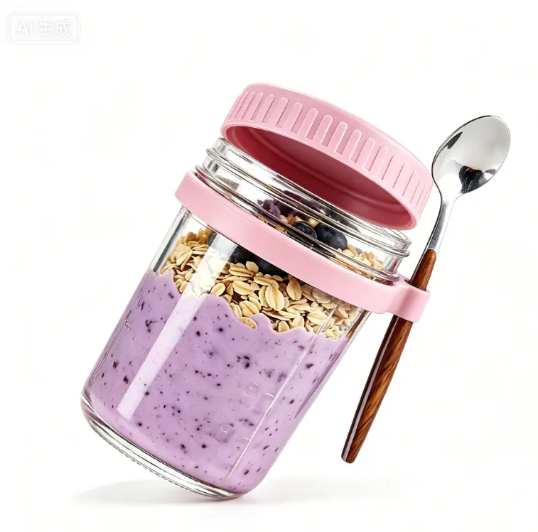 16 oz Kitchen Airtight Overnight Oats Canister with Spill-Proof Lid & Built-In Spoon Holder, Leak-Resistant Glass Utensils Container, Reusable Meal Prep Jar for Oatmeal, Work & Travel