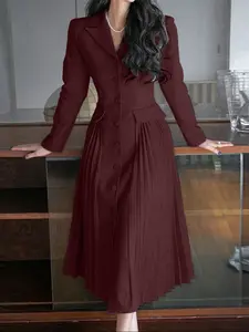 Women's Solid Color Midi Dress, Collared Long Sleeve Waist Cinched Pleated Design, Casual Daily Commute
