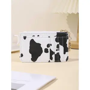 Cow Print PU Leather Slim Card Holder – Zippered Wallet for ID, Credit & Business Cards