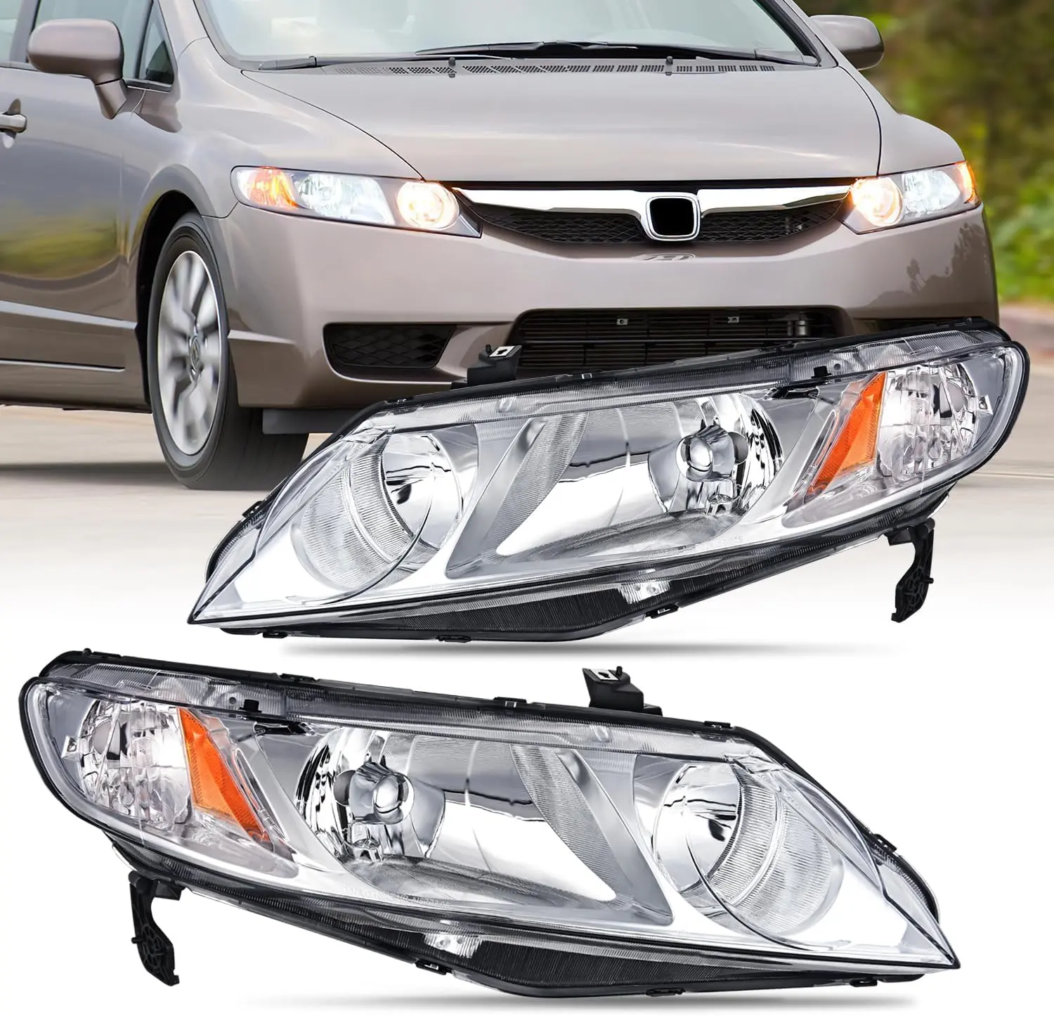 Nilight Headlight Assembly Compatible with 2006 2007 2008 2009 2010 2011 Honda Civic 4 Door Headlamps Replacement Chrome Housing Amber Reflector Clear Lens Driver and Passenger Side, Car Headlights, Headlight Cover