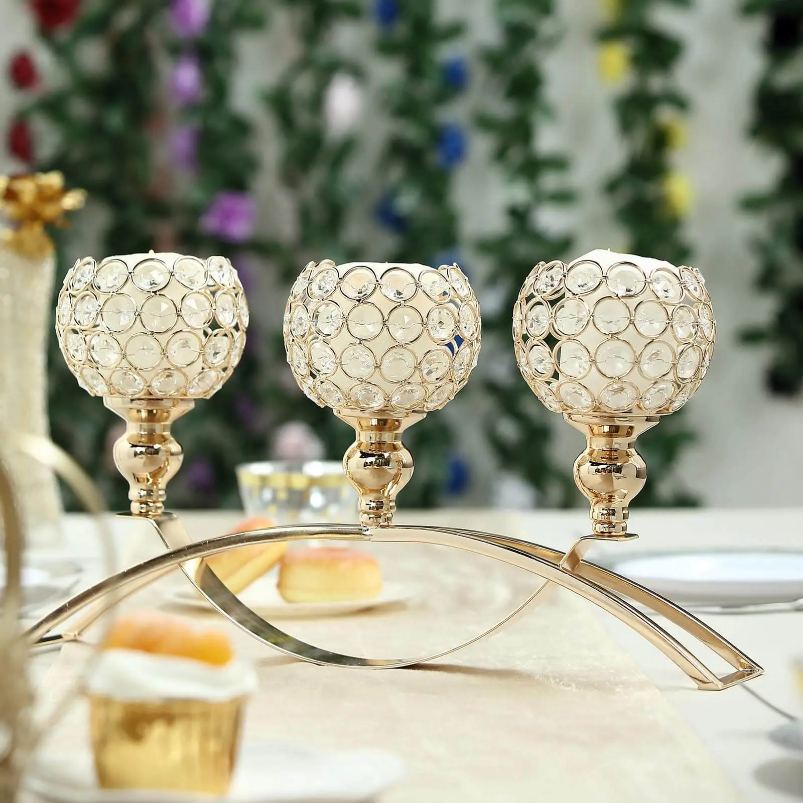 16" Gold 3-Arm Crystal Beaded Arch Bridge Candelabra, Formal Gold Candle Holders, Stylish Home Dining Decor & Room Decor Table Centerpiece for Upscale Weddings
