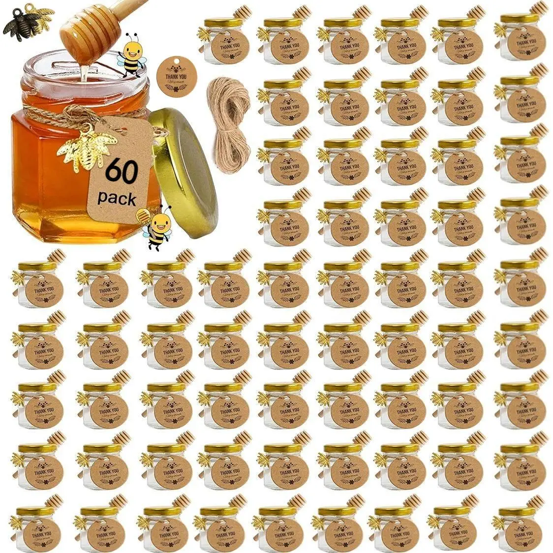 1.5 oz Aesthetic Traditional Hexagon Glass Honey Jars Set - 60 Glass Bottles with Wooden Dippers, Gold Metal Lids, Bee Pendant Ropes for Wedding Favors, Home Supplies Organization,dorm room inspo,college dorm essentials,dorm haul