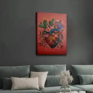 Wooden Frame, 1 Piece Framed Bohemian Plant Flower Cactus Heart Wall Art - Vibrant Mexican Style Canvas Print, Abstract Minimalist Decoration, Suitable for Living Room, Bedroom, Dormitory or Apartment, Mexican Home Decor