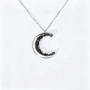 Women's Minimalist 925 Gold Vermeil Crescent Moon & Black Crystal Long Pendant Necklace, 15.75" Chain, Witchy Witchtok Jewelry, Thoughtful Unique Gift