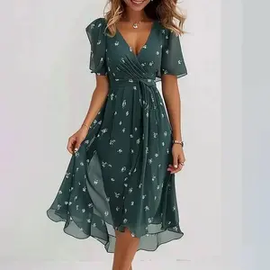 Printed women's dress elegant V-neck long dress ruffled floral skirt casual large size loose dress