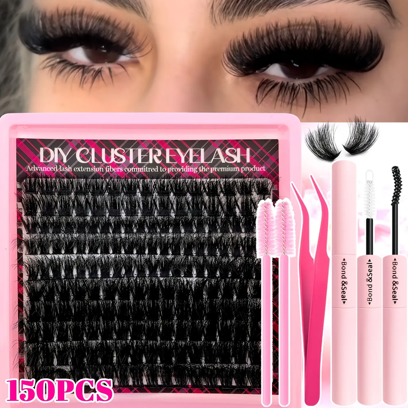 Eyelash Extensions Kit, Eyelash Extension Supplies, Includes Lash Tools, 739Pcs Wispy Eyelash Clusters with Bond and Seal, Tweezers and 2 Brushes, D Curl DIY Lash Extension, Mixed Length 9-16mm Lashes Cluster, Reusable Volume Lash for Beginners