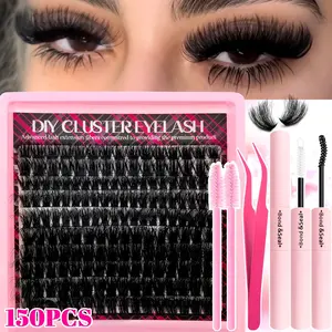 Eyelash Extensions Kit, 739Pcs Wispy Eyelash Clusters with Bond and Seal, Tweezers and 2 Brushes, Eyelash Bond Glue, D Curl Fluffy DIY Lash Extension, Mixed Length 9-16mm Thick Lashes Cluster, Reusable Volume Lash for Beginners, Wedding, Daily Wear