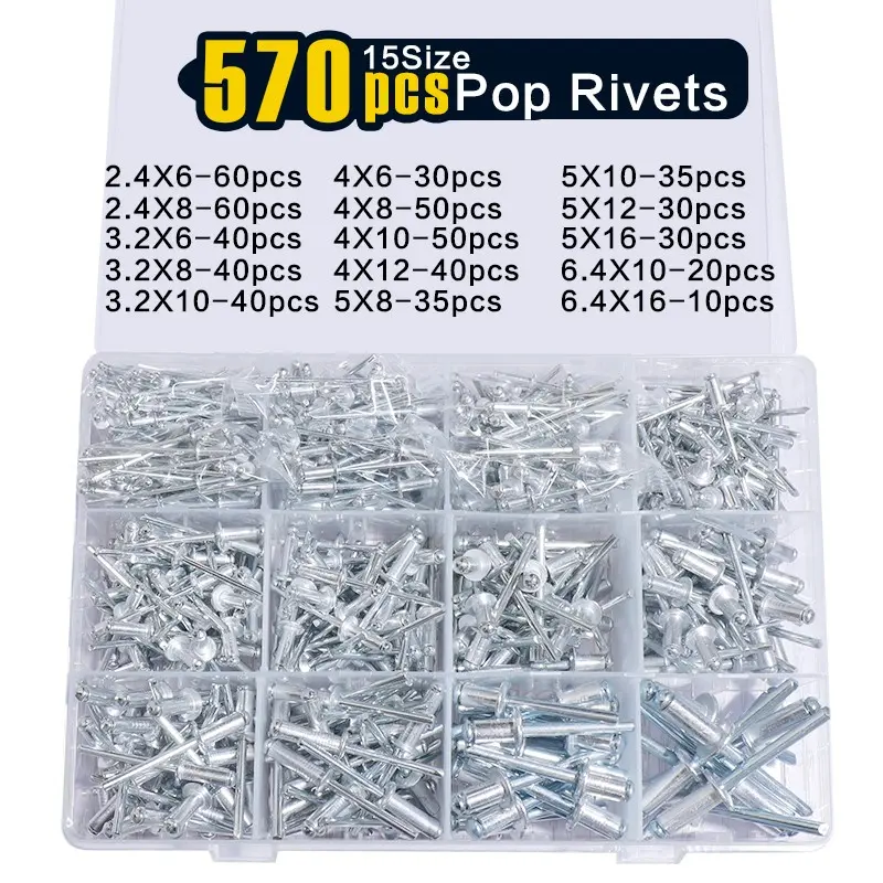 570 PCS Rivets, 15 Size Aluminum Pop Rivets Assortment Kit, Silver Pop Rivet Set including 3/32" 1/8" 5/32" 3/16" 1/4" Fasteners, Aluminum Hardware Fastening Solutions