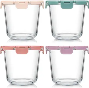 4 Piece Round Glass Storage Containers with Lids, Leak Proof 3 Cup Glass Containers for Soup, Lunch, Salad, Leftover, Ice Cream, BPA-Free Lids with 4 Locking Tabs, Microwave, Dishwasher, Freezer Safe