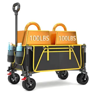 Collapsible Foldable Wagon with Large Capacity, All-Terrain Wheels for Beach Garden Grocery Shopping, Heavy Duty Utility Cart, Features Drink Holders & Double Oxford Fabric for Sports Camping