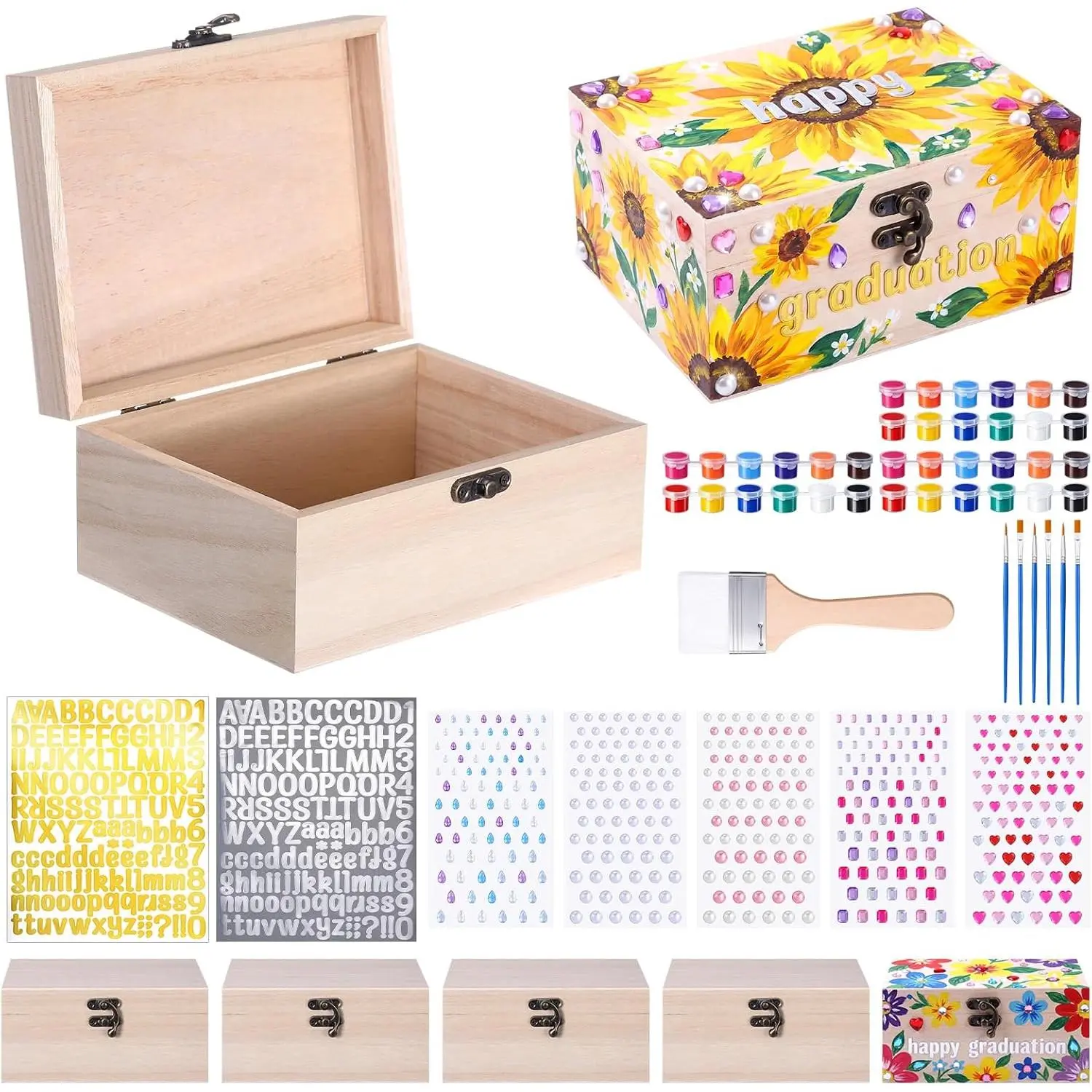 6 Sets 2026 Senior Boxes Unfinished Wooden Boxes for Graduation Crafts DIY Graduation Memory Keepsake Box 6.7"x5.1"x3.1" with Paints Brushes  Letter & Number  for Class of 2026 Gifts