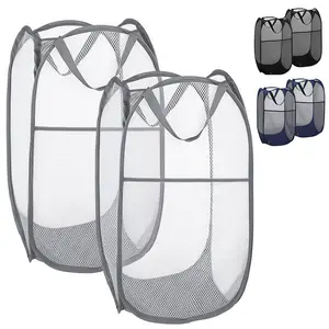 LMMAKE 2Pcs Collapsible Mesh Pop Up Laundry Basket, Wide Opening, Side Pocket, Breathable Sturdy Space-Saving Design for Clothes Storage, Black for Home & Travel Use