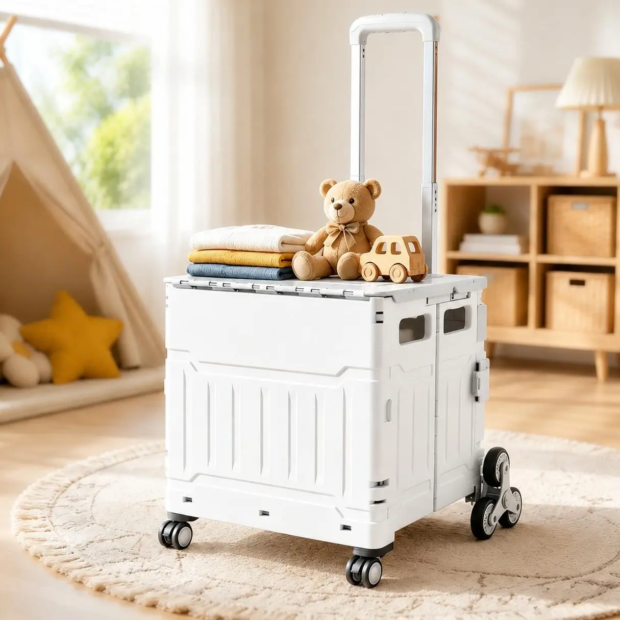 XXL Durable Foldable Utility Trolley with Lid, Telescopic Alloy Handle & 360° Stair-Climbing Wheels,Wheeled Storage Cart Perfect for Storing Toys, Daily Groceries, Camping Gear & Household Bulk Items, Fully Collapsible Space-Saving Design