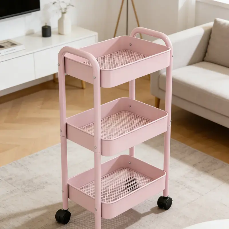Mother's Day Gift Metal 3-Layer Rolling Storage Trolley with Silent Lockable Wheels Multi-Use Organizer for Diapers Crafts Art & Teacher Supplies White/Pink stand
