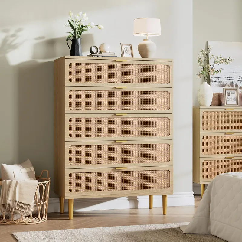 Rattan 5 Drawer Dresser for Bedroom, Tall Dresser with Deep Drawers, Large Chest of Drawers for Closet with Wide Top, Long Wooden Dresser for Living Room, Hallway, Kids Room