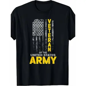US Veteran T-Shirt Patriotic Military Apparel - 100% Cotton Comfort Fit Classic Tee with American Flag & Veteran Design, Black with Yellow Lettering, Short Sleeve Round Neck Casual Shirt for Men & Women, American Flag Clothes, Military Clothing, Bold Grap