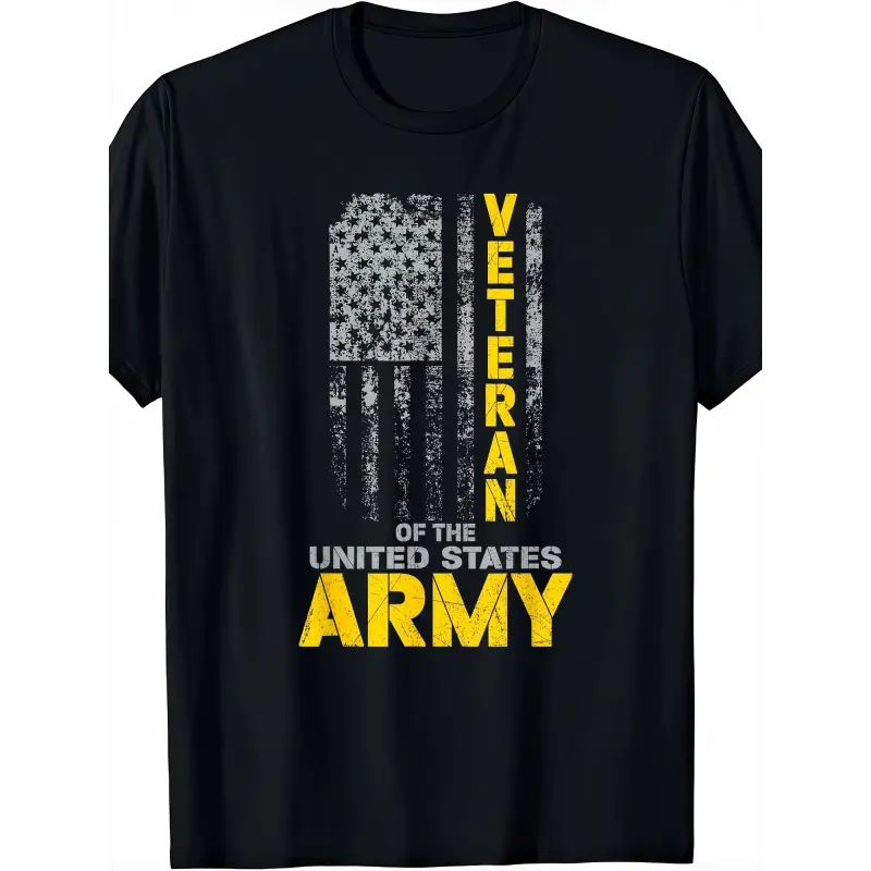 Men's 100% Cotton Short Sleeve Round Neck US Veteran Graphic Tee - Soft Vintage Patriotic Military Apparel with American Flag Design, Black with Yellow Lettering, Comfort Fit Casual Streetwear, Shortsleeve, Mensfashion