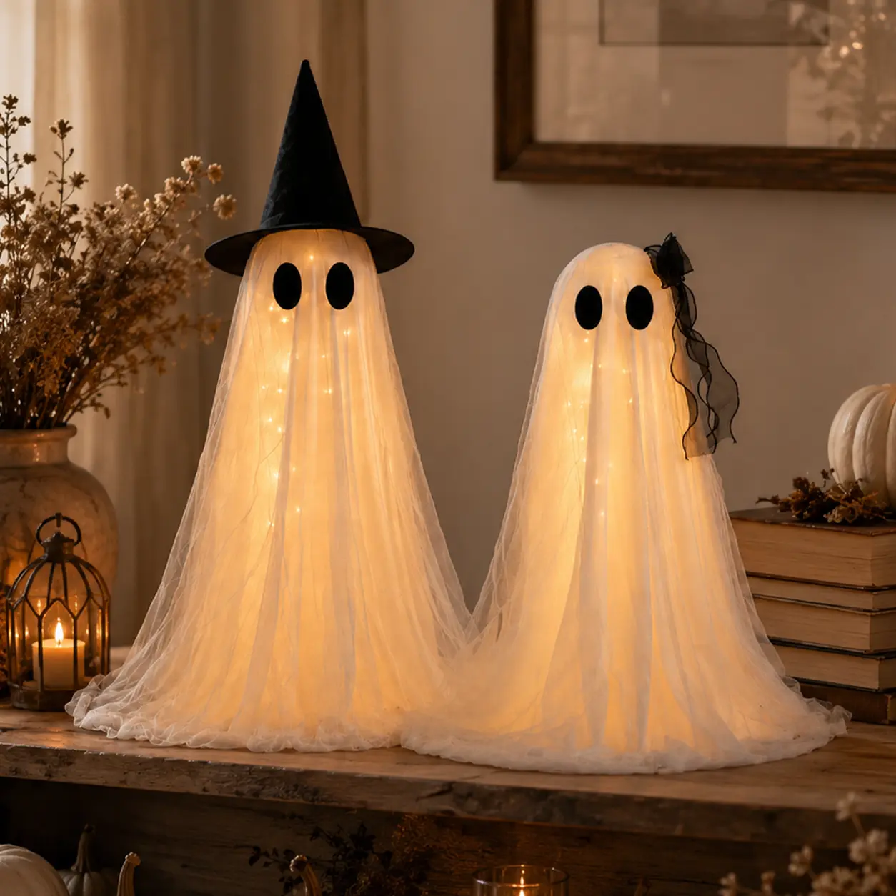2-Pack Halloween Indoor Ghost Decor Kit, Festive Party Centrepieces with Upgraded Fabric, Timer Remote Control, Ideal for Home Kitchen, Office Table Cabinet Fireplace