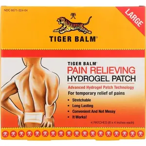 Tiger Balm Pain Relieving Large Hydrogel Patch 4" x 8" 4/Pack for Muscles & Joints Relief with Menthol Camphor & Capsicum Fast-Acting