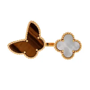 Pre-owned Van Cleef & Arpels Lucky Alhambra Between the Finger Ring 18K Yellow Gold with Mother of Pearl and Tiger Eye by Rebag