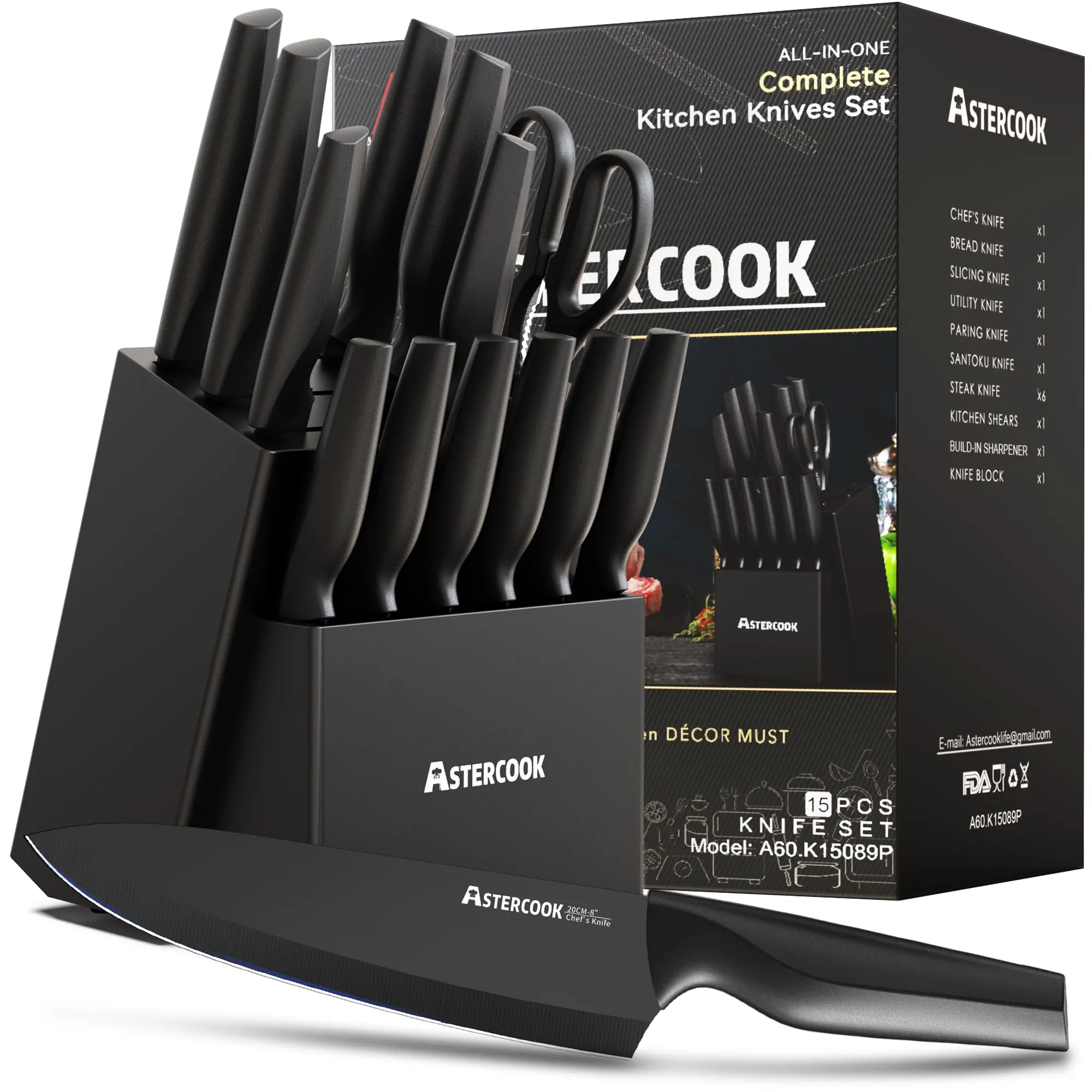 Astercook 15-Piece Knife Set with Built-in Sharpener, Stainless Steel, Dishwasher Safe, PP Handles, Hardwood Finish for Chopping and Dicing - Cutting Kitchen Kitchenware Modern Block Steak German