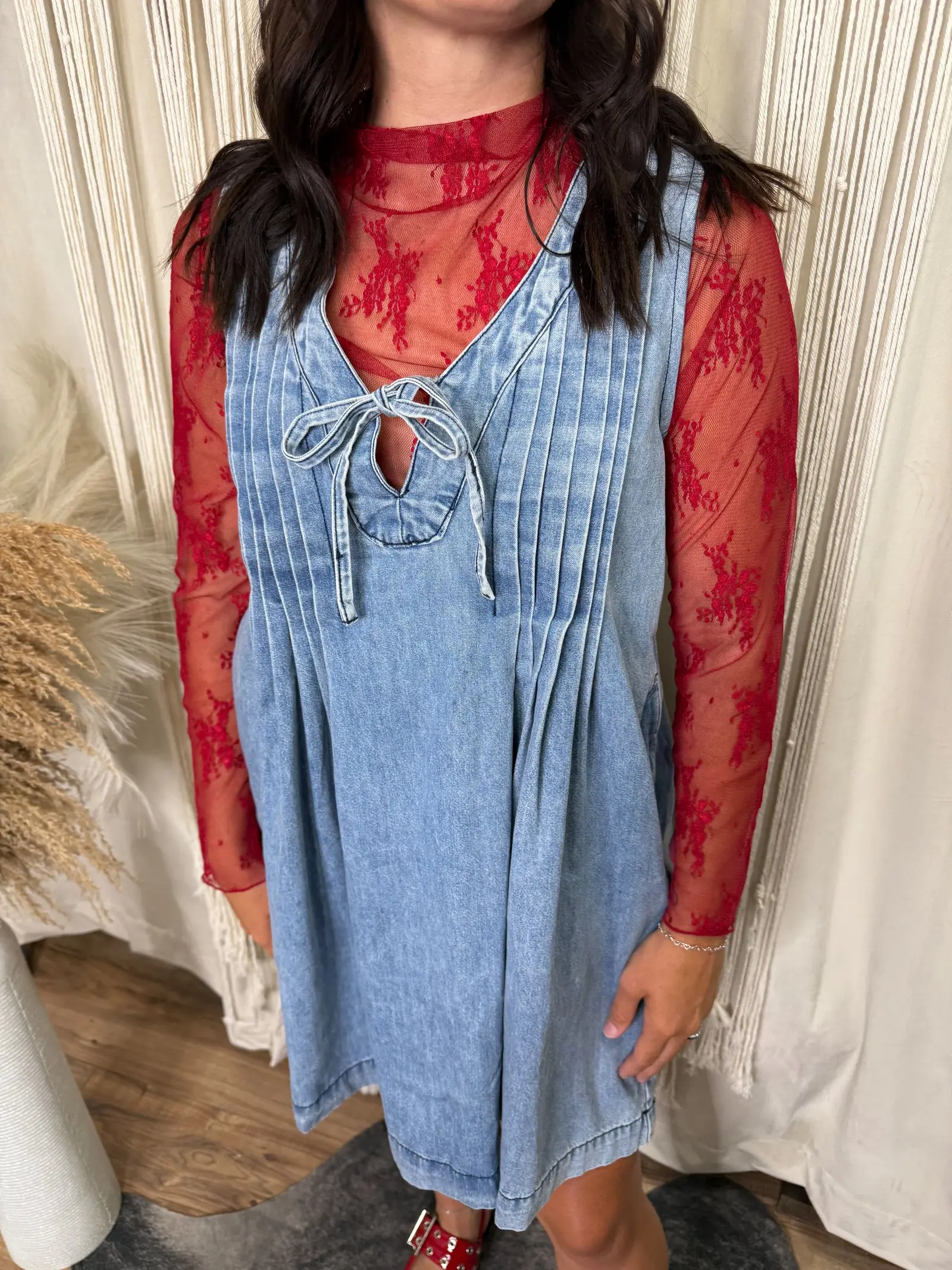 Red Lace Mock Neck Long Sleeve Top