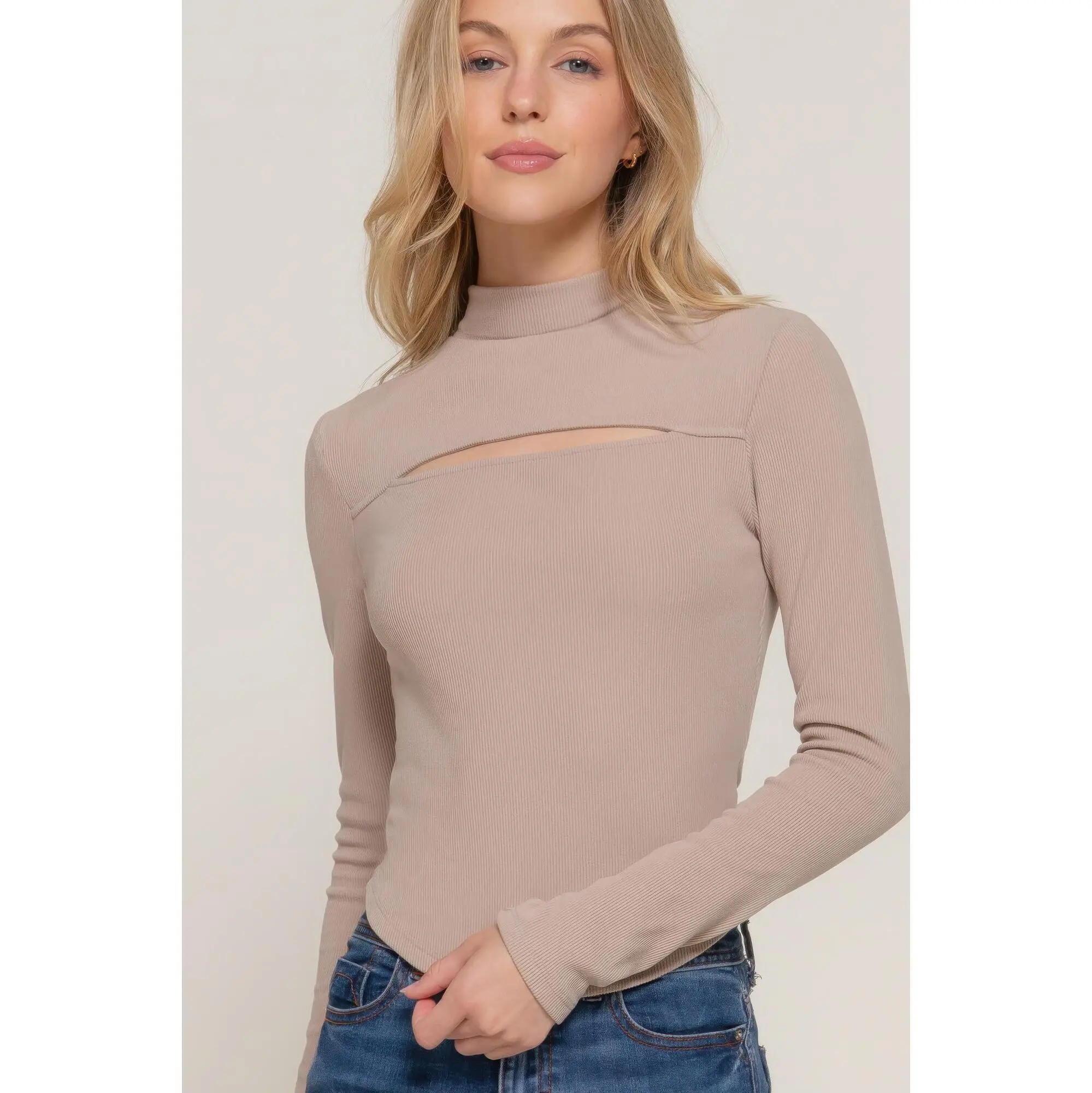 Long slv mock neck kyehole rib knit top