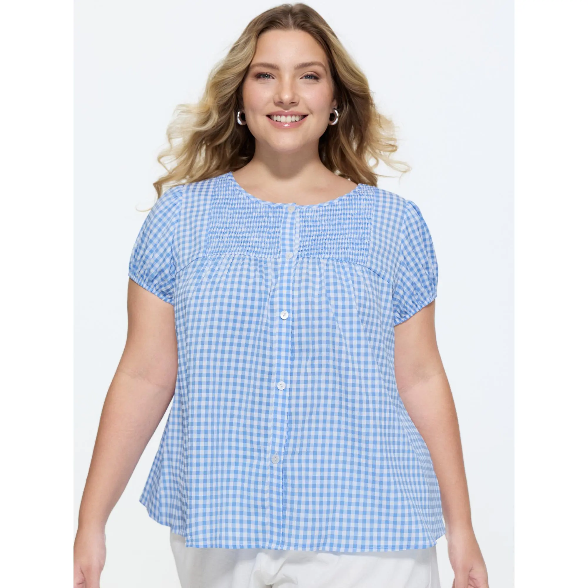 BloomChic Women's Plus Size Plaid Blouse, Casual Button Front Garment with Smocked Lantern Short Sleeves, Polyester Spandex, Shortsleeve, Tops, Curvy Plus Clothes Women, Shirts, Fabric, Plus Size Clothes, Curvy Clothing