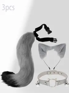 3-Piece Cat Ear Headband Set, Fox Tail Decoration Accessories, Animal Ears & Tail Kit, Collar & Hair Clips, Perfect for Festivals & Parties