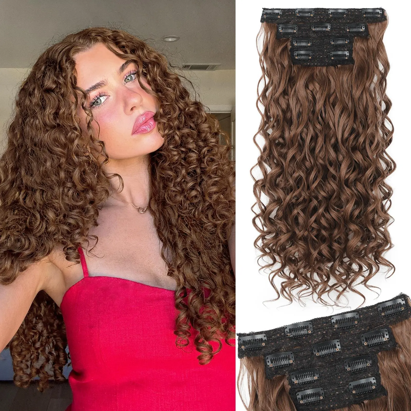 GEEOE Curly Clip In Hair Extensions,4PCS 20 inch Thick Curly Hair Extensions Lace Weft Clip Ins Invisible Natural Synthetic Hairpieces for Women