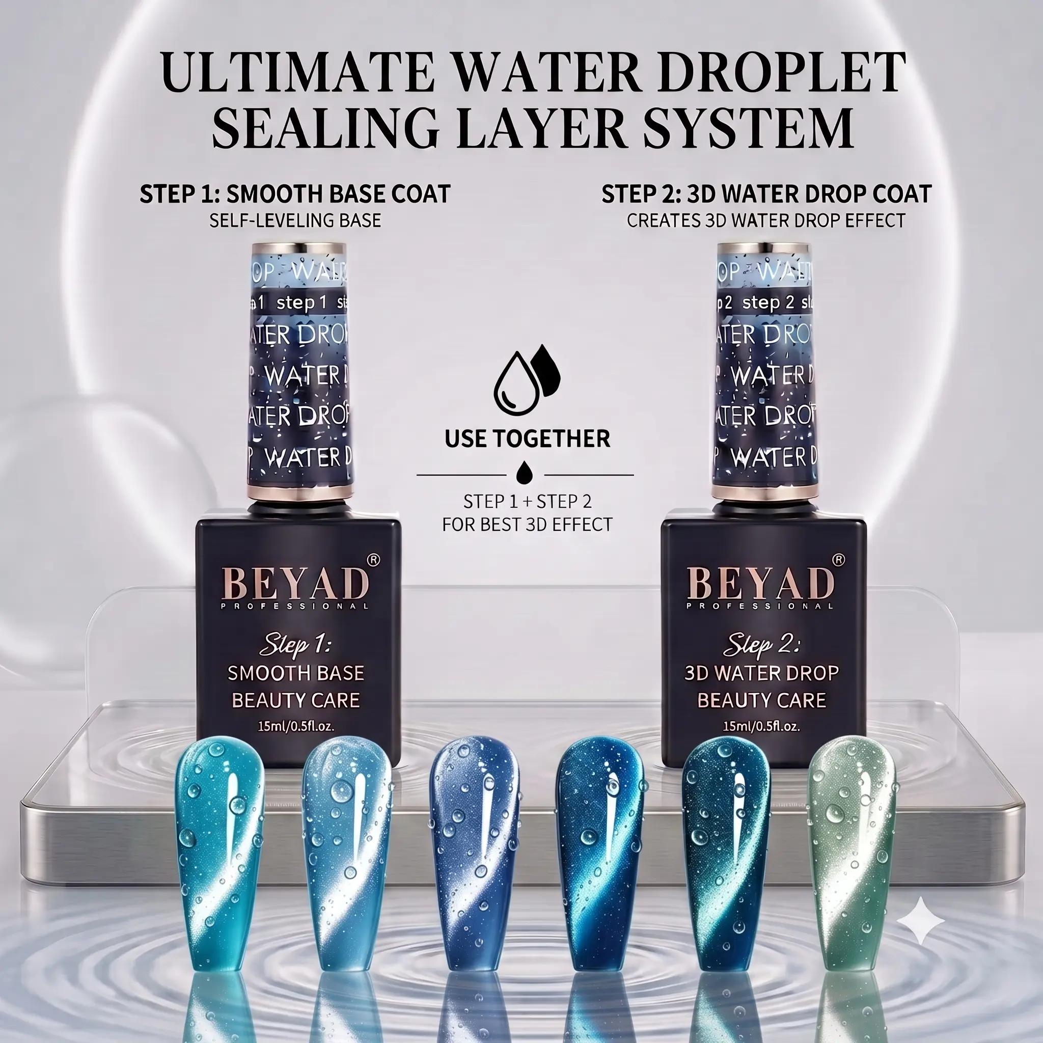 Beyad 3D Water Drop Gel Top Coat Set (2×15ml) - 2-Step No Wipe System Beauty Products, High Gloss Dewdrop/DIY Drip Nails UV/LED Gel with Acetone, Aura, Cartoon, Animal Designs Compatibility, Animals