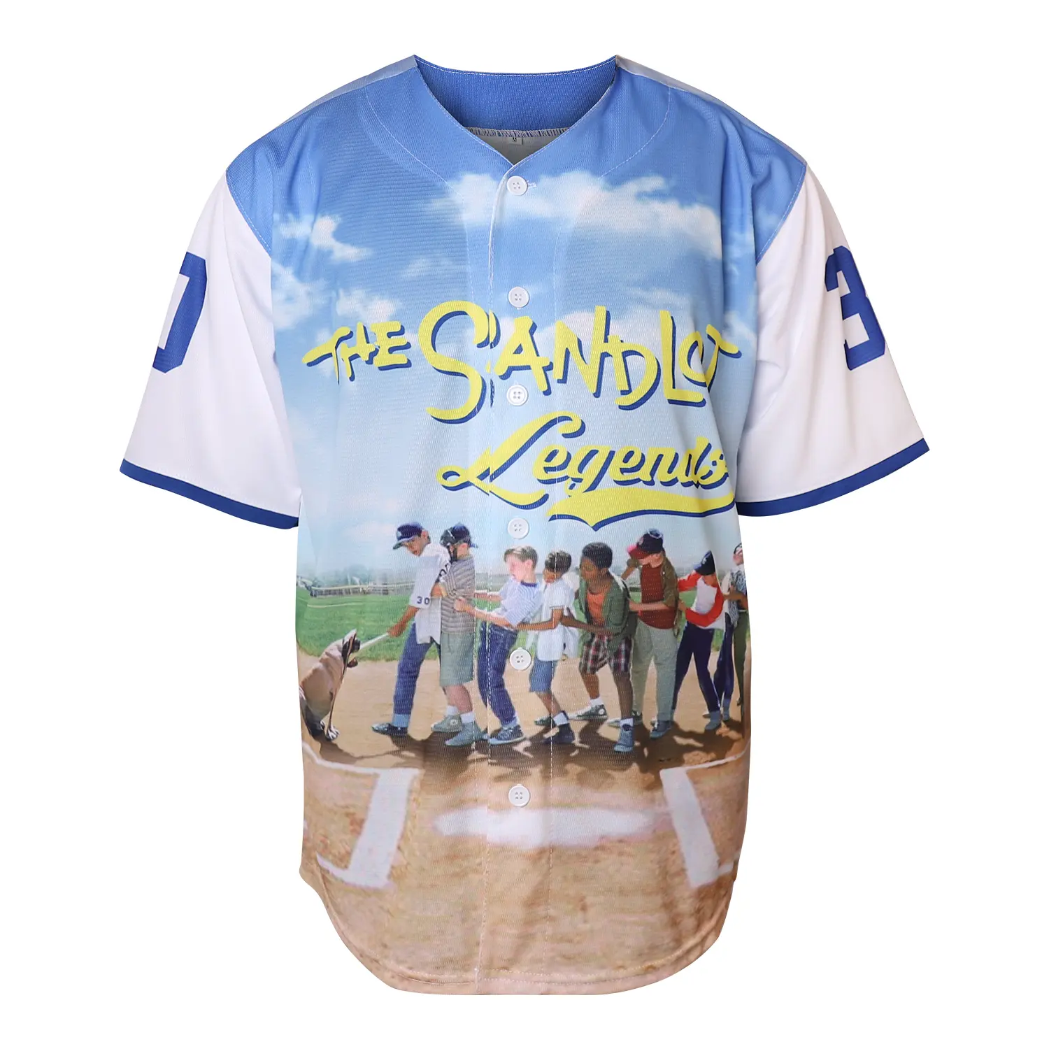 Men's The Sandlot Legends #30 Rodriguez Full Print Blue White Button-Front Baseball Jersey - Vintage Movie Graphic Uniform, Soft Breathable Unisex Fit, Multi-Size Casual Wear Athletic Top for Fans
