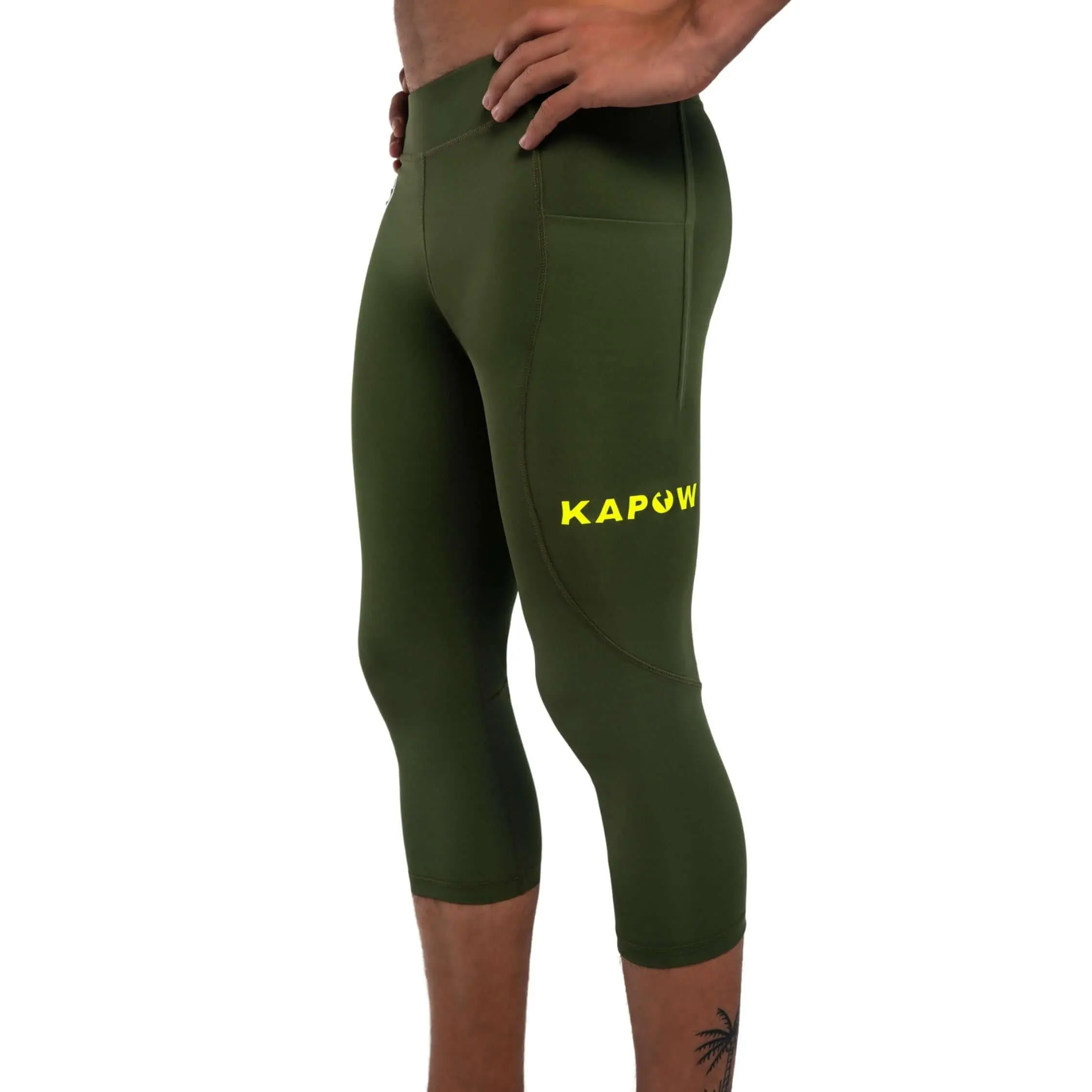 Kapow Meggings Dakar Recycled Green Khaki ¾ Men's Leggings High Waist Compression Eco-Friendly Gym HIIT Running Cycling Fitness Training Pant with Phone & Zip Pockets