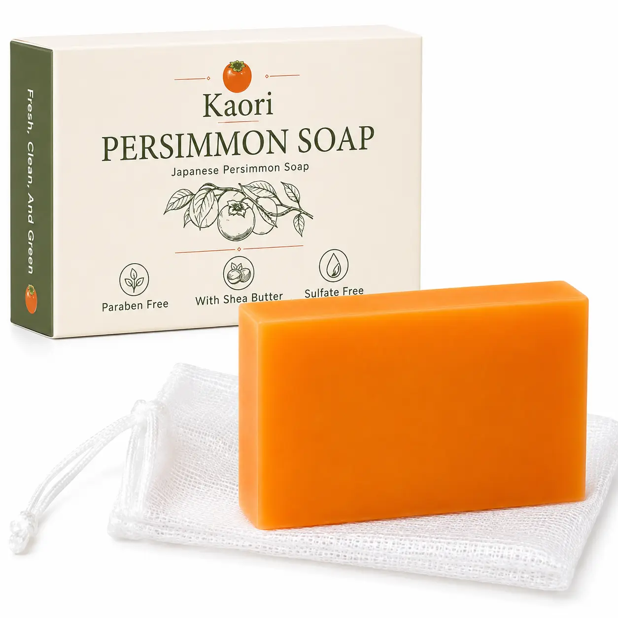 Persimmon Soap for Old People Smell - Japanese Persimmon & Green Tea Extract - Natural Deodorant Soap for Men & Women, Gentle on All Skin Types