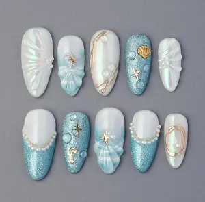 Summer Blue Press on Nails Short Almond, Ocean Pearl Acrylic Press on Nails Gold Charms, Handmade Seashell/Shell/Beach Nails for Vacation, Summer Nails Seashells, Gen X Nail, Free Ship, Fast Shipping