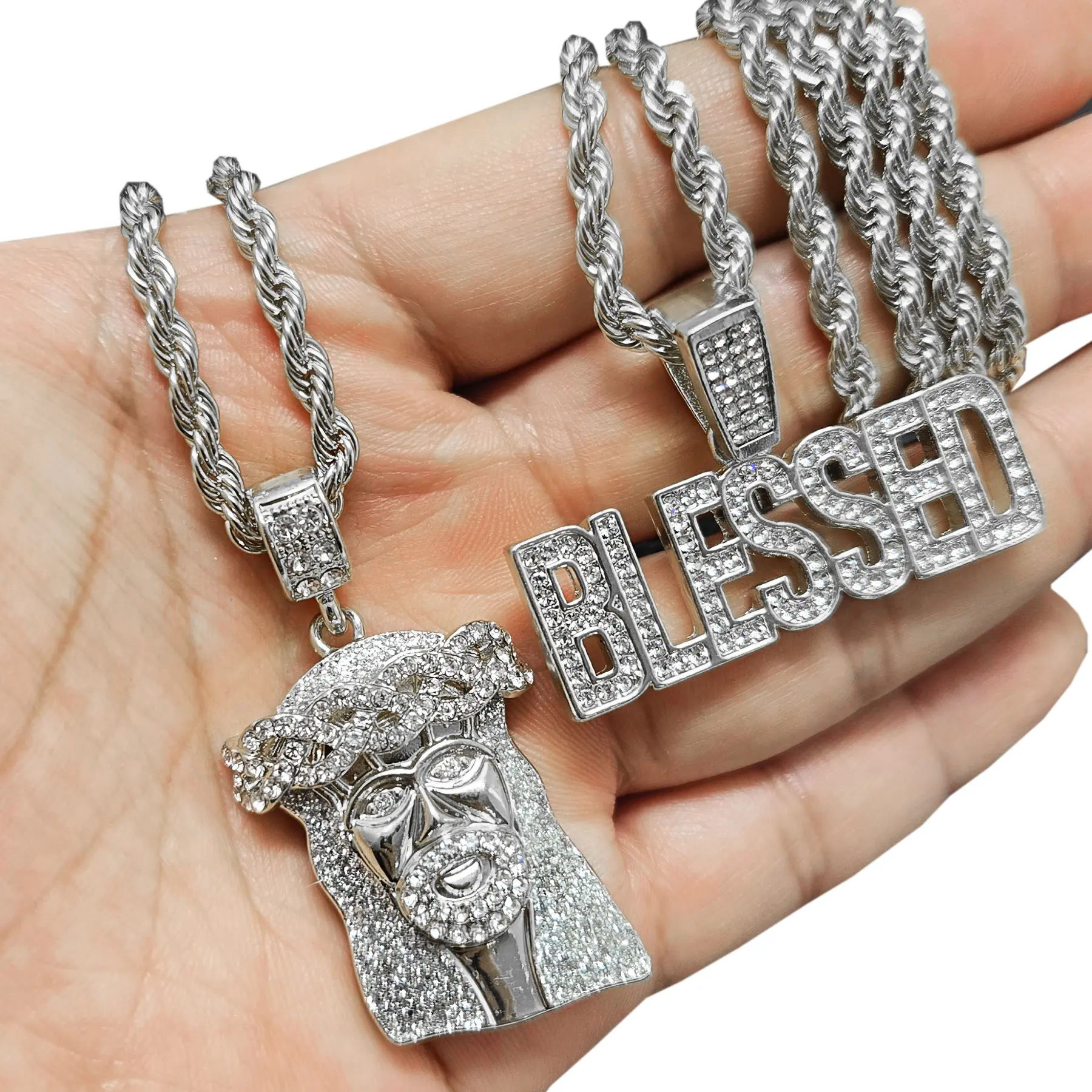 MaxBling81 Unisex Iced CZ Religious Pendant & Rope Chain Jewelry Set - 24" Length, 4mm High Polish Jesus/Blessed Design Daily Wear Necklace, 4Mm Rope Chain, Gold Set, High Polish Metal, Iced Cz Stones, 24 Inches, 35Mm X 28Mm