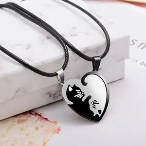 ORPHIC Matching Cat Couple Necklaces, Handmade Fashion Accessory with Chain & Link, Long-Distance Relationship Gift for Boyfriend, Valentine's Day Jewelry Accessory