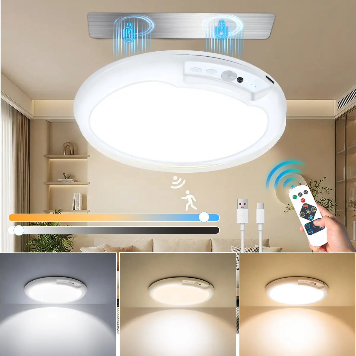 Rechargeable motion-sensing ceiling lamp with remote control function - Magnetic-suction wireless ceiling lamp, battery-powered, suitable for dressing rooms, shower rooms, staircases, terraces, corridors, etc.Father's Day Gift