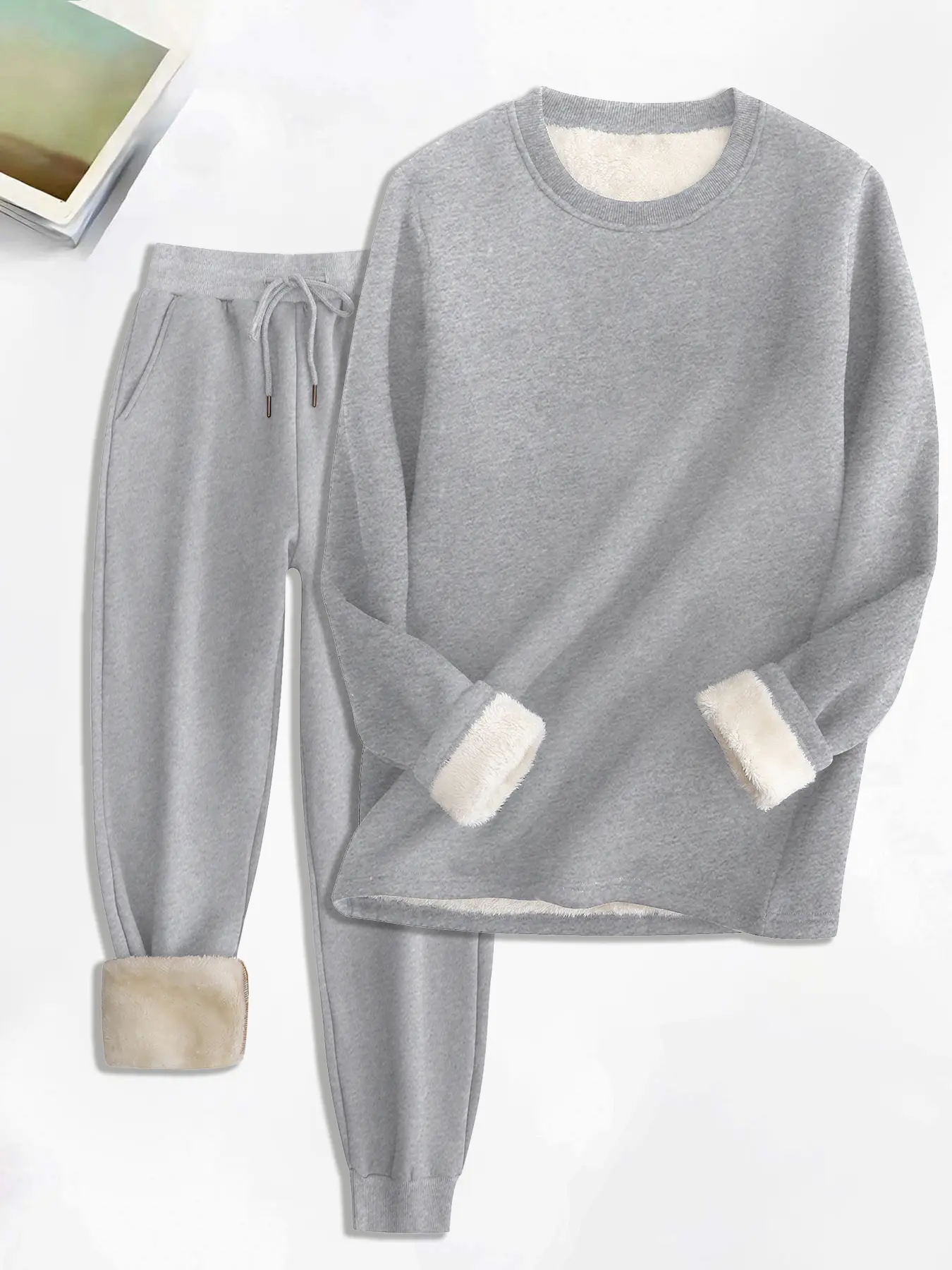 Women's Basic Solid Thermal Lined Sweatshirt Pullover Long Sleeve & Pocket Drawstring Waist Pants Set, Casual Fashion Cozy Warm Outfits For Daily Wear, Women's Clothing For Fall & Winter
