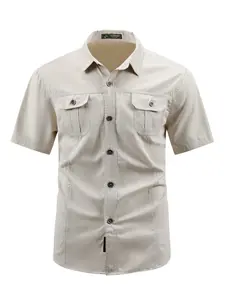 Summer New Solid Color Men's Pocket Short Sleeve Shirt, Breathable Business Casual Button-Up, Commute Daily Versatile Top