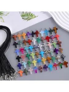 50 Pieces Colorful Natural Stone Cross Pendant Set with Black Faux Leather Chain DIY Necklace Bracelet Making Craft Supplies Jewelry Beads for Women Girls Gift  25 pendants+25 chains Diy Jewelry Accessories Diy Jewelry Decoration